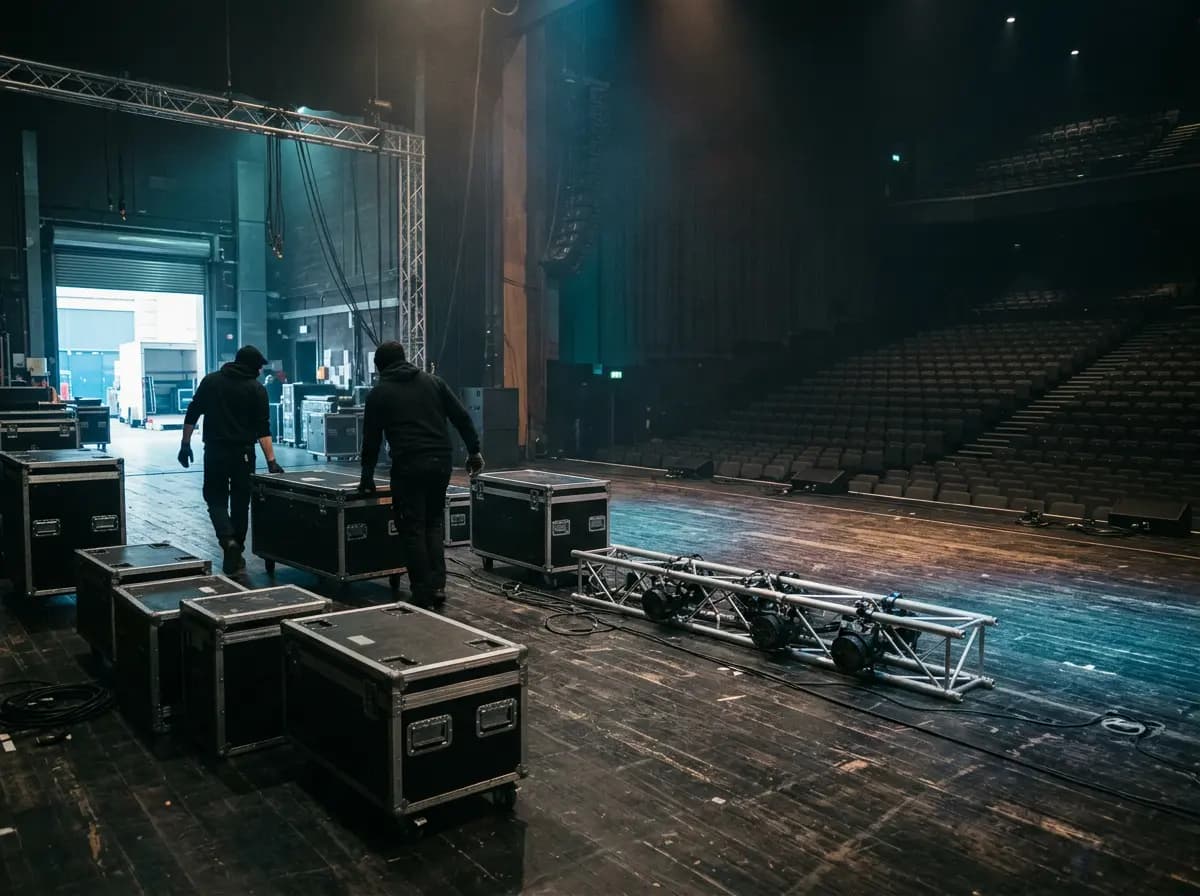Crew wheeling flight cases off a concert hall stage after a show