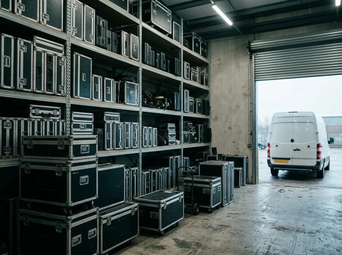AV hire warehouse with racking full of flight cases and a van backed up to the roller door