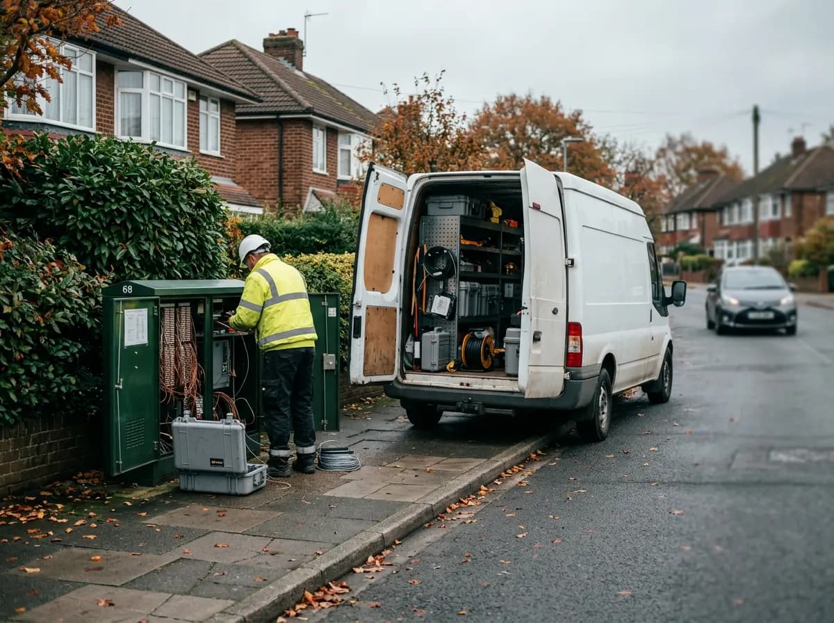 Field engineer working at a green telecoms street cabinet, with a test-equipment case beside him and a van parked at the kerb