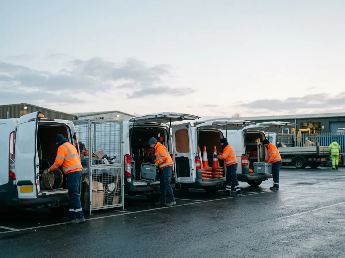 Engineers loading generators, cable drums and cones into a row of vans at a depot at dawn