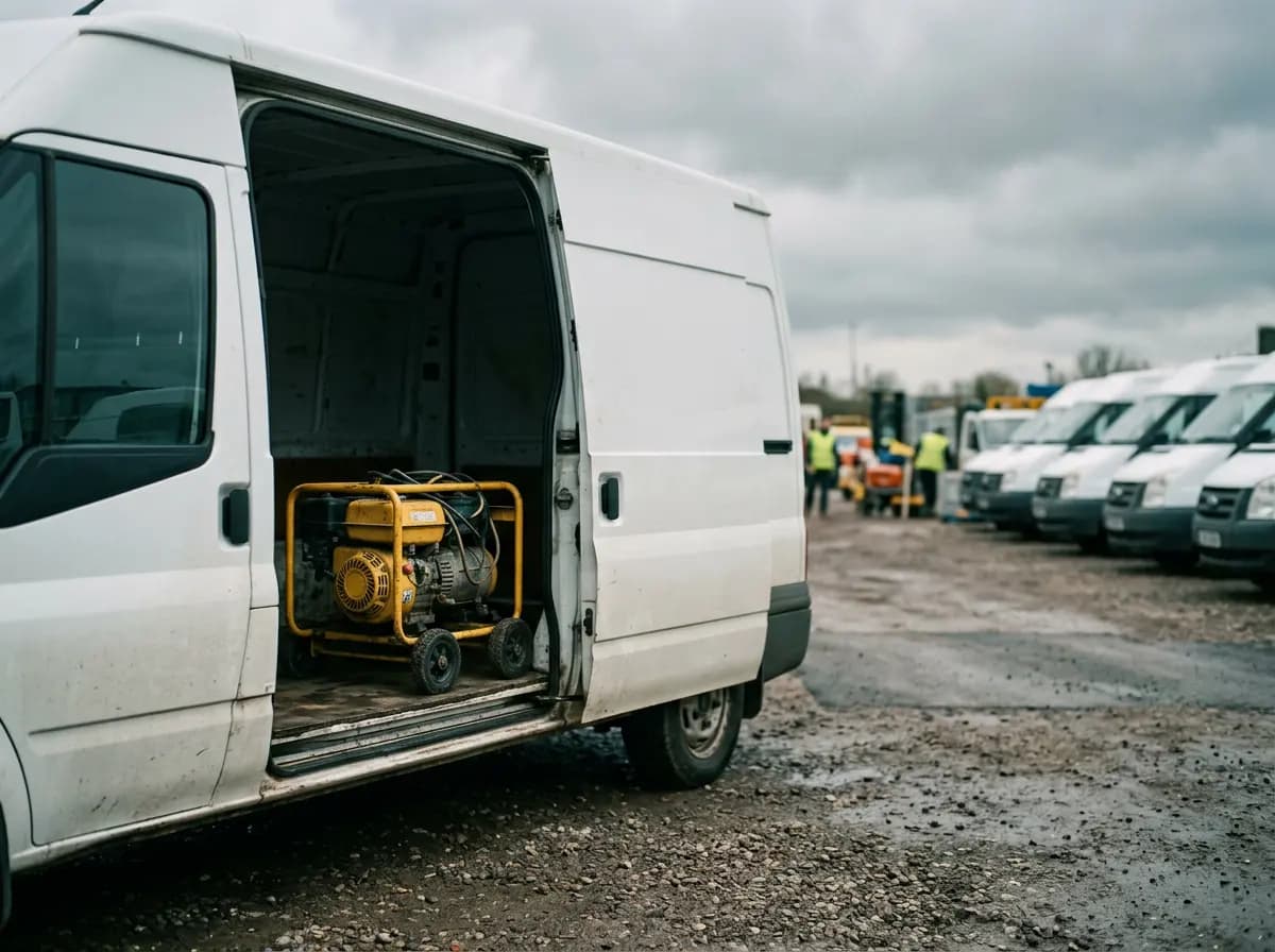Portable generator in the open side door of a white van in a yard of identical vans