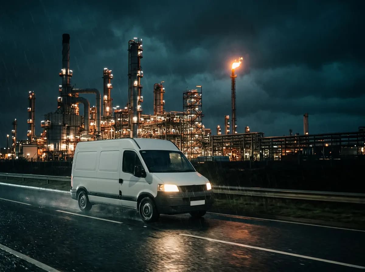 Van driving at night in the rain past an illuminated refinery
