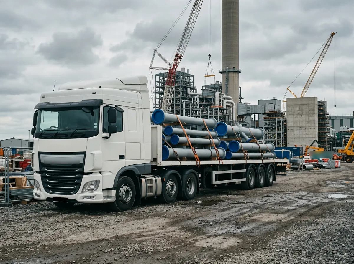 Flatbed lorry loaded with fabricated pipe spools parked on a construction site laydown area