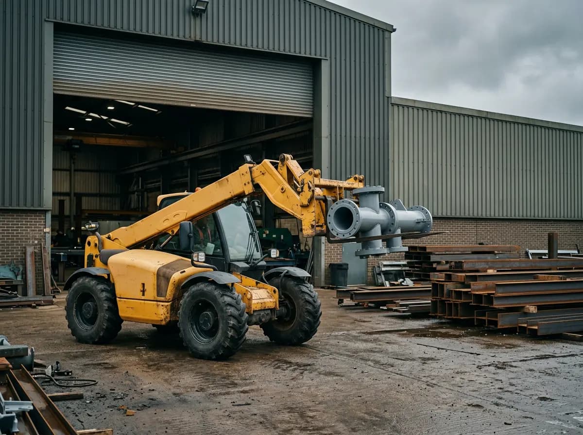 Telehandler carrying a fabricated pipe spool on its forks outside a fabrication workshop