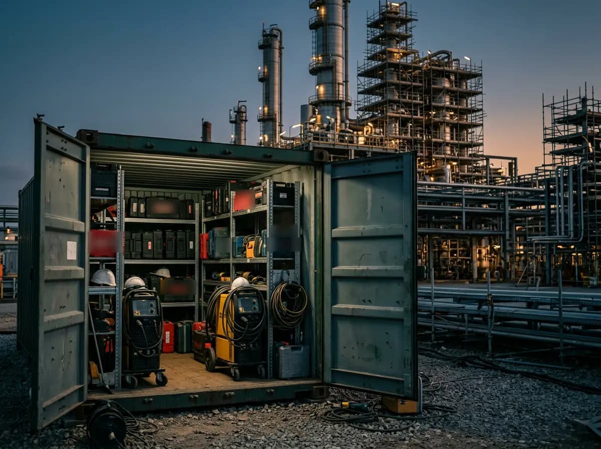 Shipping container tool store with its doors open on a refinery at dusk, holding welding sets and tool cases