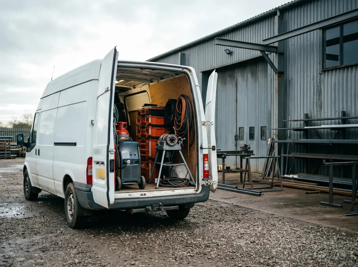 Van with its rear doors open outside a fabrication workshop, loaded with a welding set, tool cases and a pipe threader