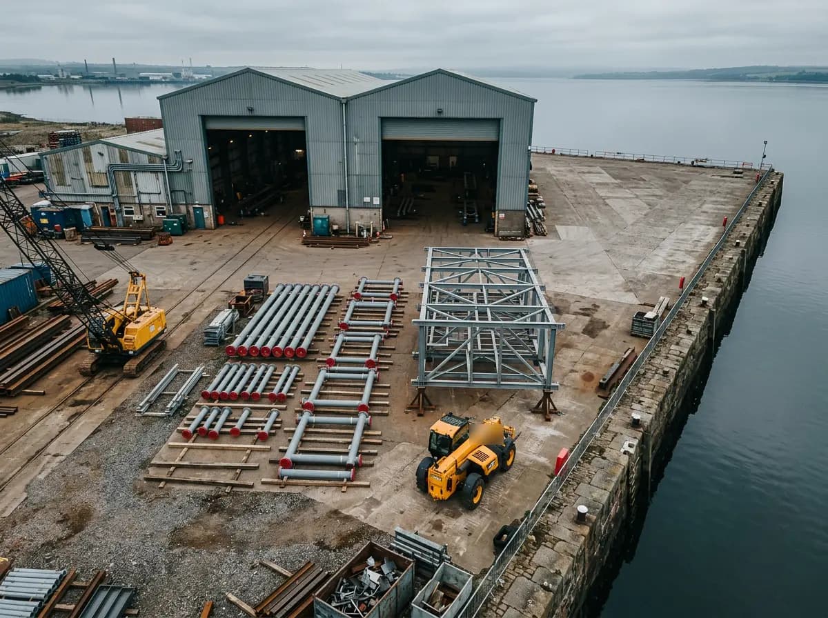 Overhead view of a dockside fabrication yard with workshops, pipe spools on dunnage, a module frame, a crawler crane and a telehandler