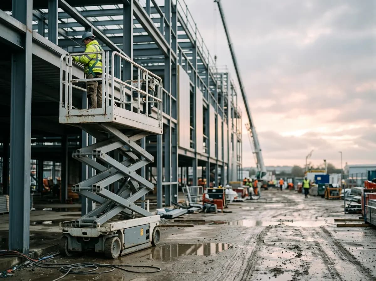 Scissor lift with its platform raised beside a steel-frame building on a muddy construction site at dawn
