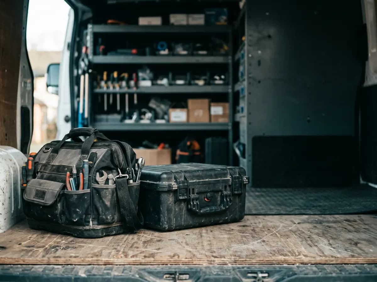 Tool bag and hard tool case on the floor of a van, with racking behind