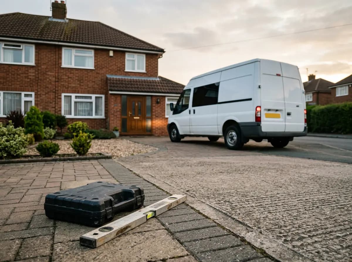 Van pulling away from a house while a drill case and spirit level are left on the driveway