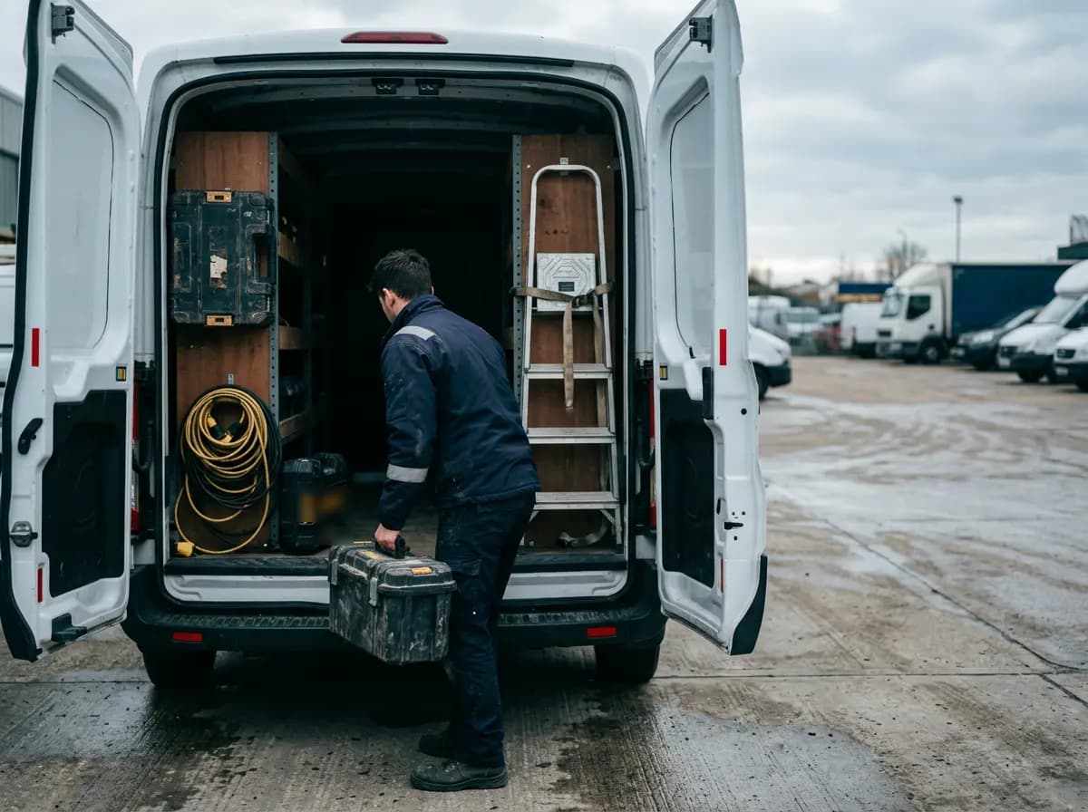 Tradesperson lifting a toolbox into the back of a white van, with a ladder and tools on the racking