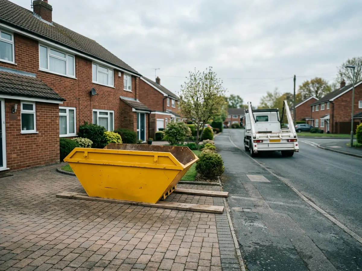 Empty skip just dropped on a house driveway, with the skip lorry driving away