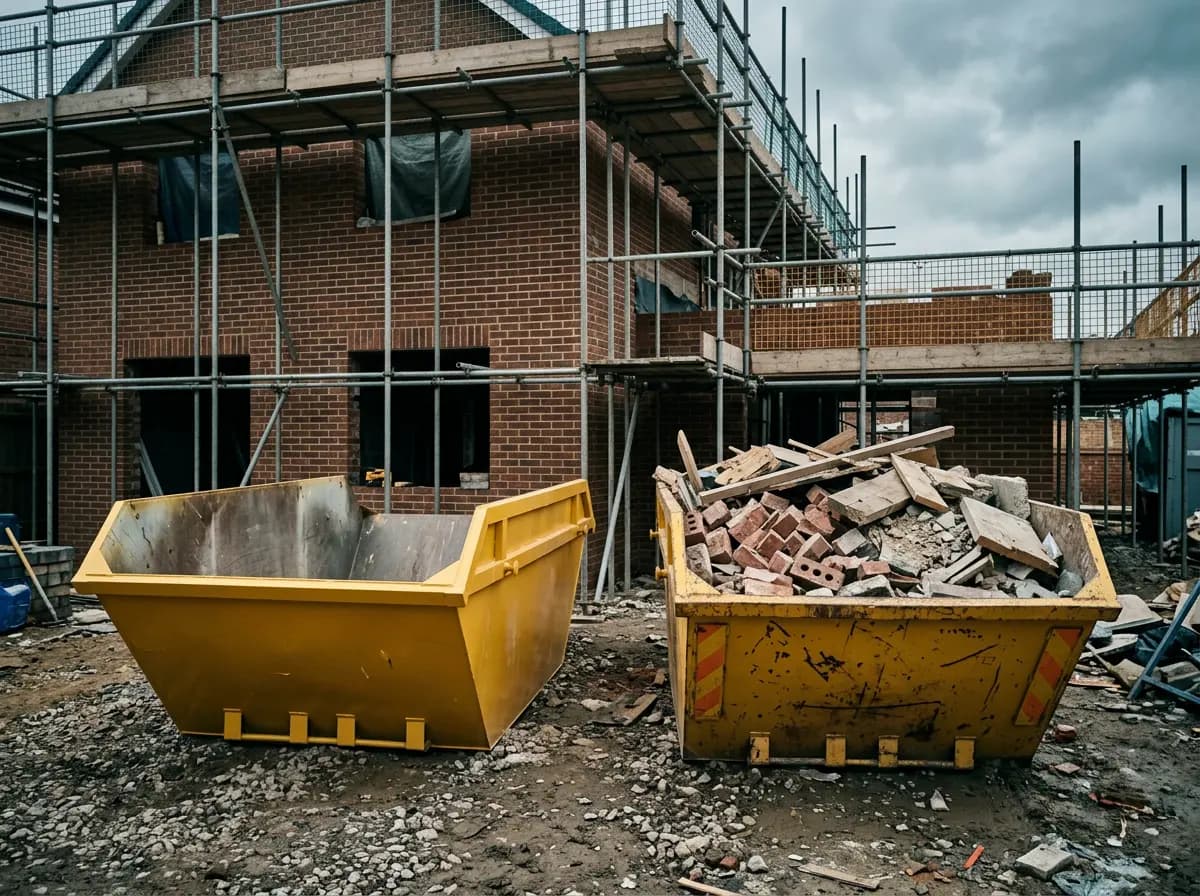 An empty skip and a full skip side by side on a building site