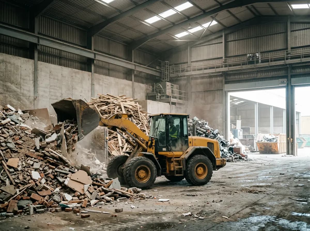 Loading shovel pushing a pile of mixed waste inside a transfer station shed