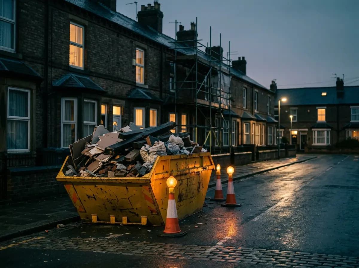 Full skip with lit safety cones on a terraced street at dusk