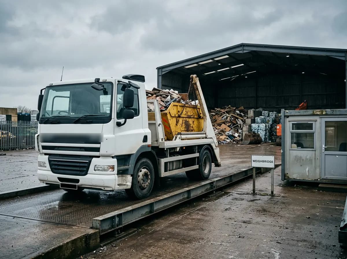 Skip lorry carrying a full skip on the weighbridge at a waste transfer station