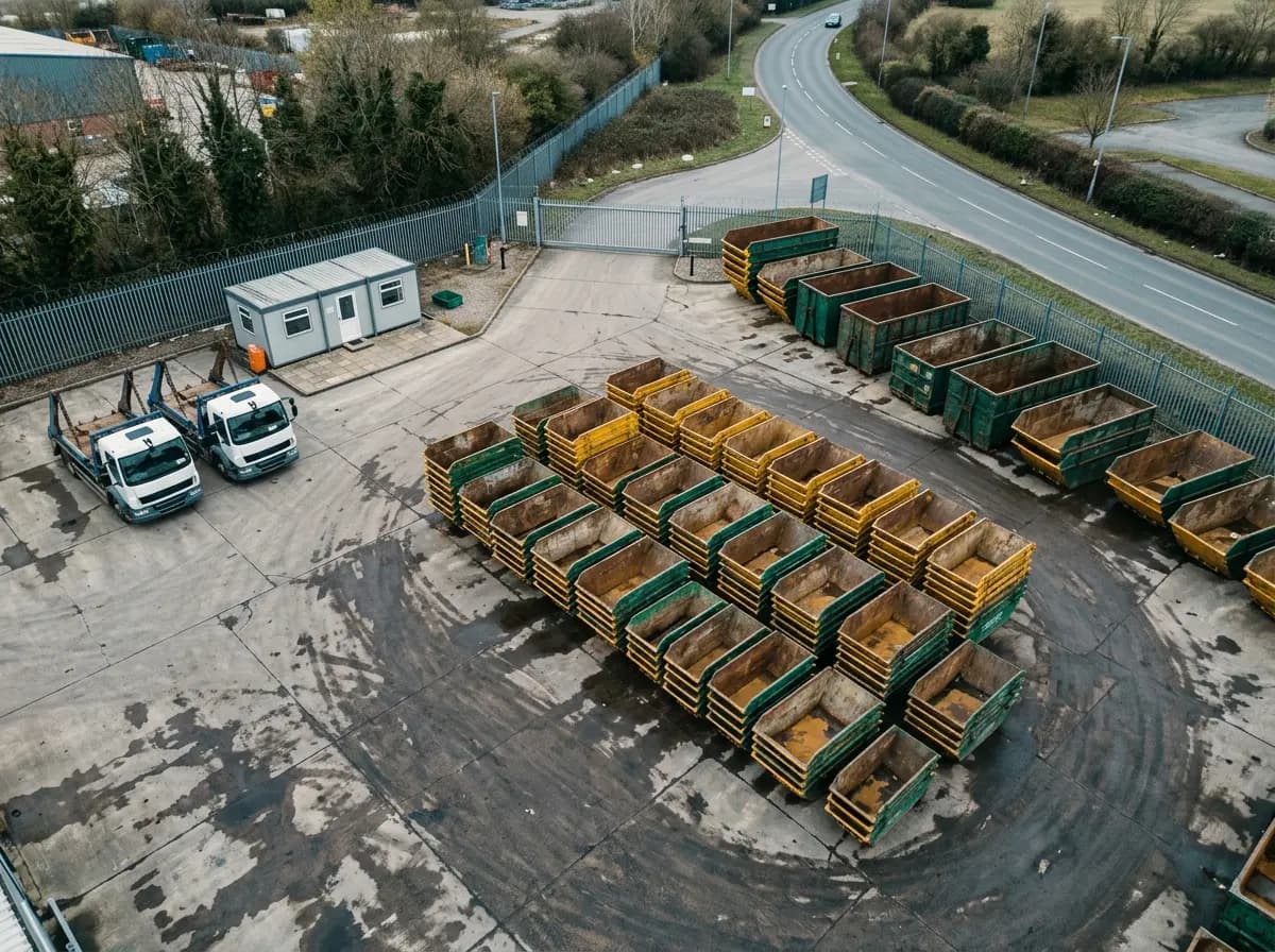 Overhead view of a skip hire yard with rows of empty skips, two skip lorries and a gated entrance