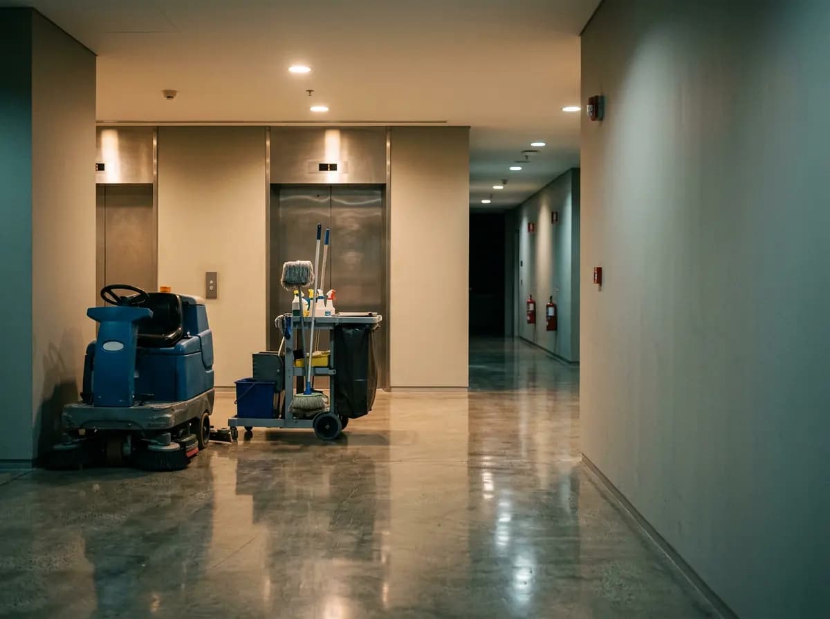 Ride-on floor scrubber and a cleaning trolley parked by a lift lobby in an office at night