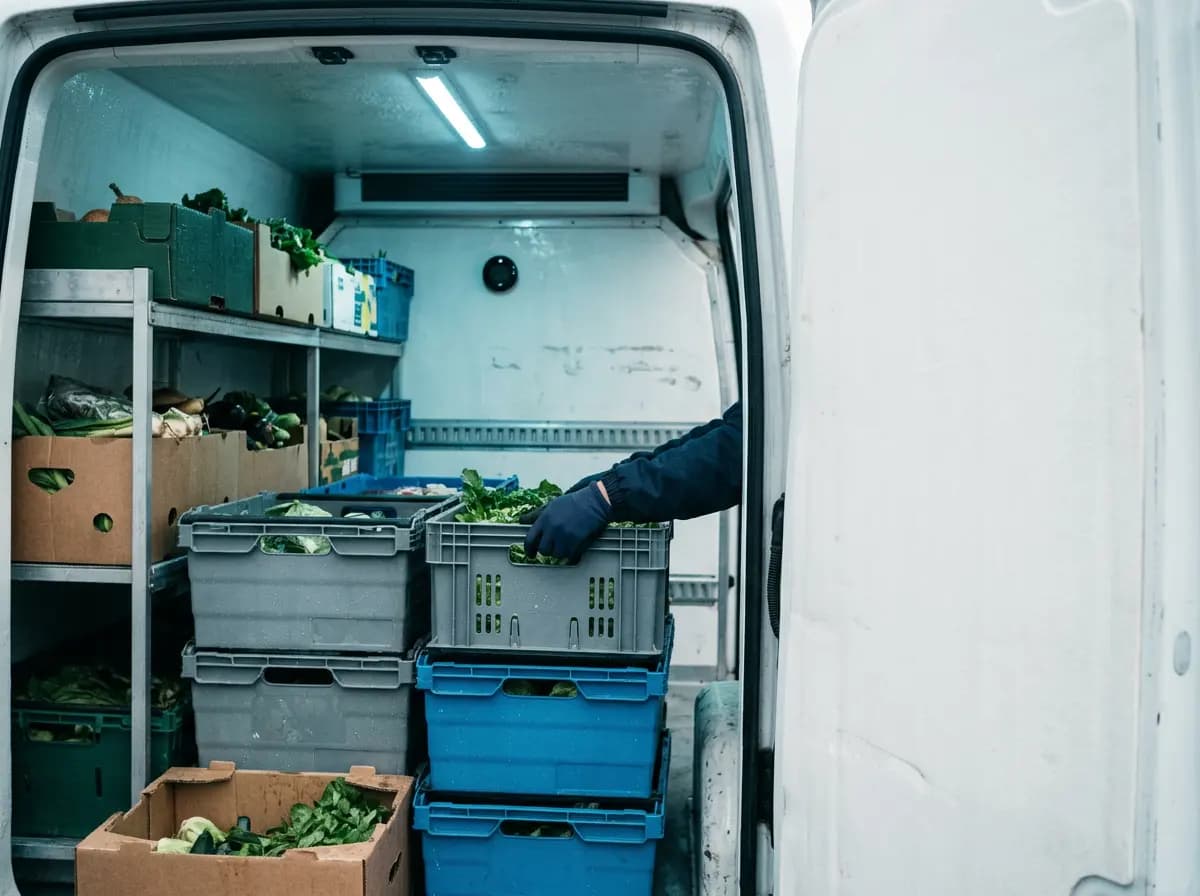 Inside a refrigerated delivery van loaded with crates of fresh produce