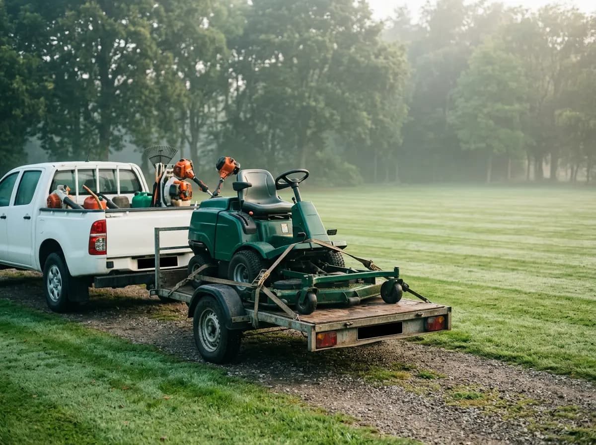 Ride-on mower strapped to a trailer behind a pickup at the edge of a freshly cut lawn