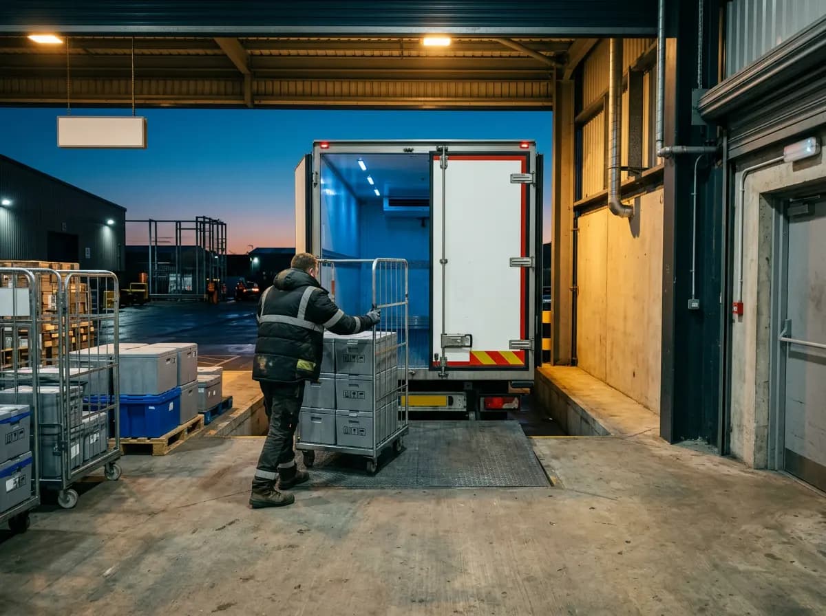 Warehouse operative pushing a roll cage of insulated boxes into a refrigerated lorry at a loading dock