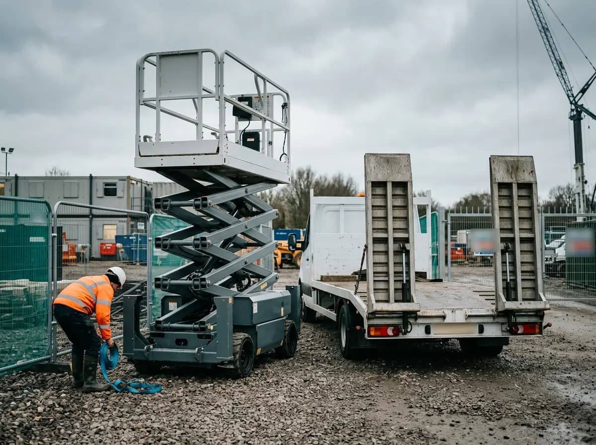 Scissor lift just unloaded beside a beavertail lorry at a site gate, with the driver coiling a strap