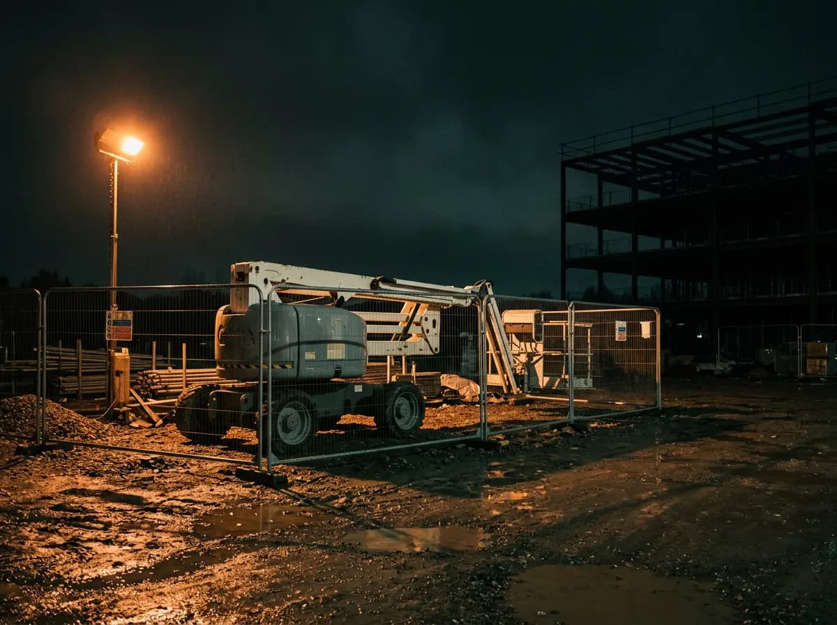 Boom lift parked behind site fencing on a construction site at night