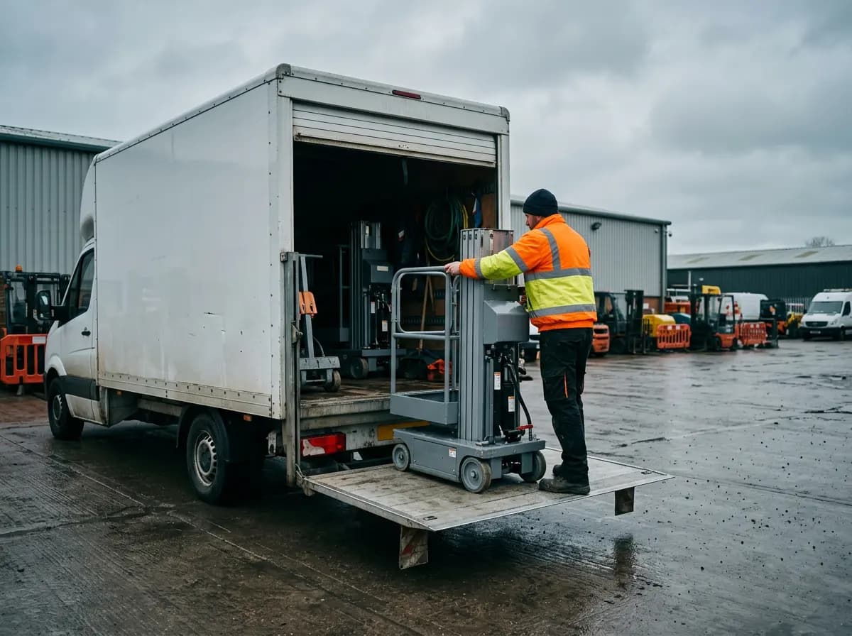 Depot worker loading a push-around access platform onto a van tail lift