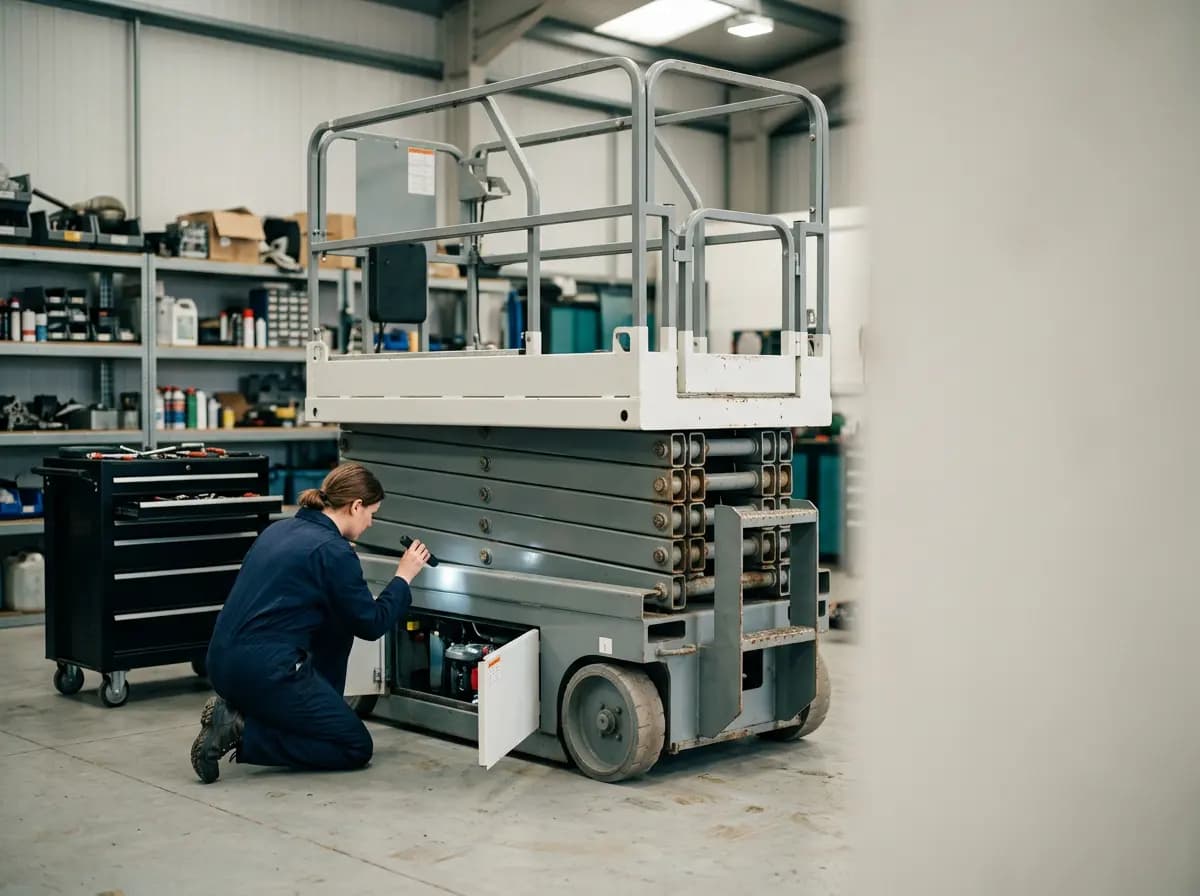 Mechanic checking the hydraulics of a scissor lift in a hire workshop