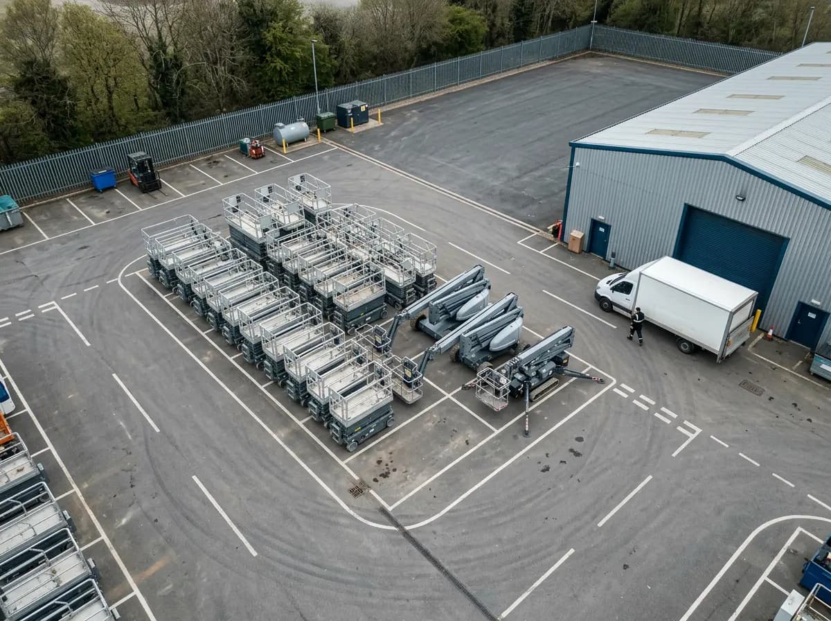 Overhead view of a hire yard with rows of scissor lifts, boom lifts and a spider lift
