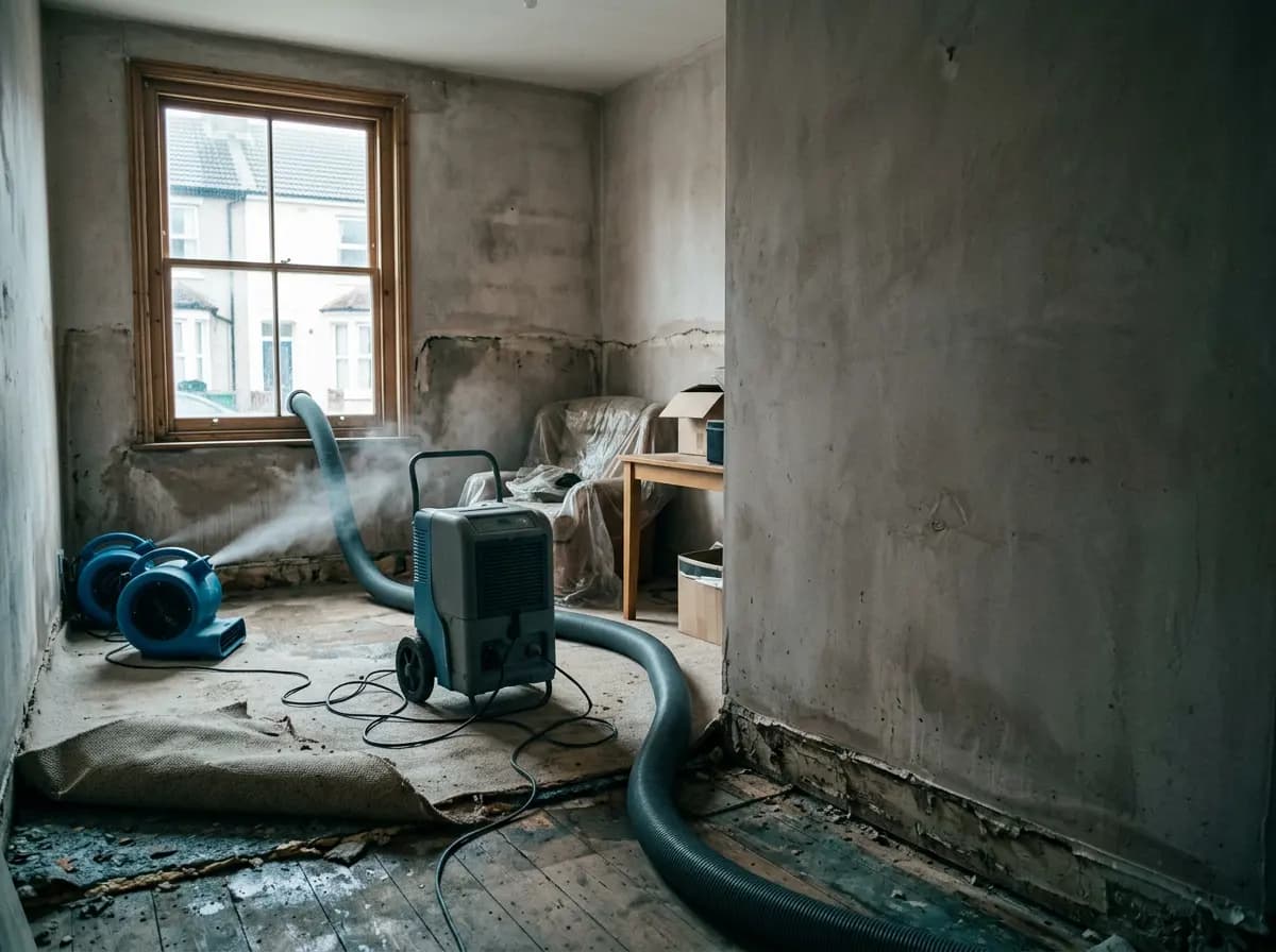 Flood-damaged room drying out with a dehumidifier and two air movers running