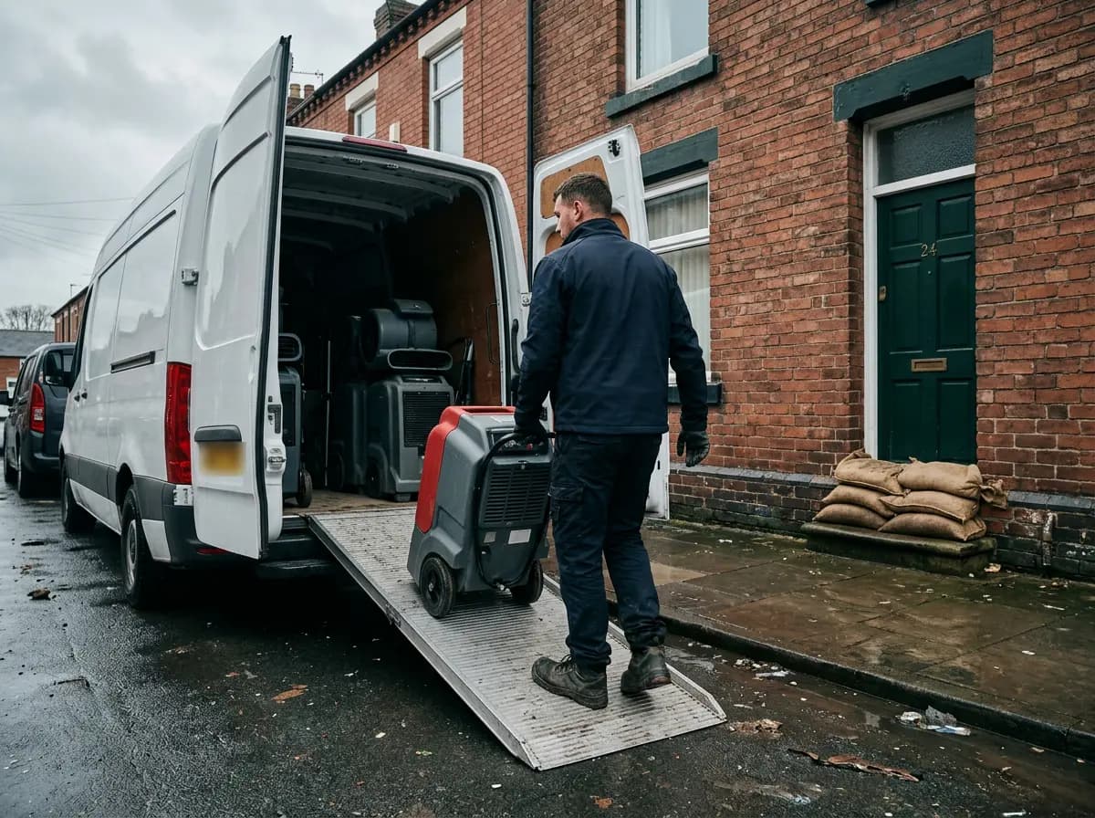 Restoration technician wheeling a dehumidifier down a van ramp towards a flooded terraced house