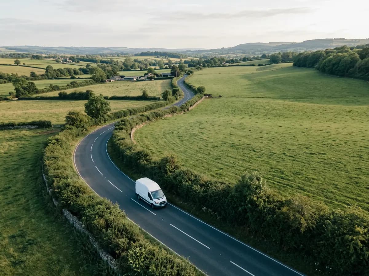 Aerial view of a white van on a winding country road between hedgerows and fields